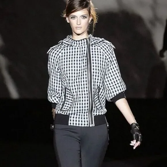 L.A.M.B. Asymmetrical Gingham Double-Zip Hooded Bomber with Cropped Sleeves - Picture 1 of 12